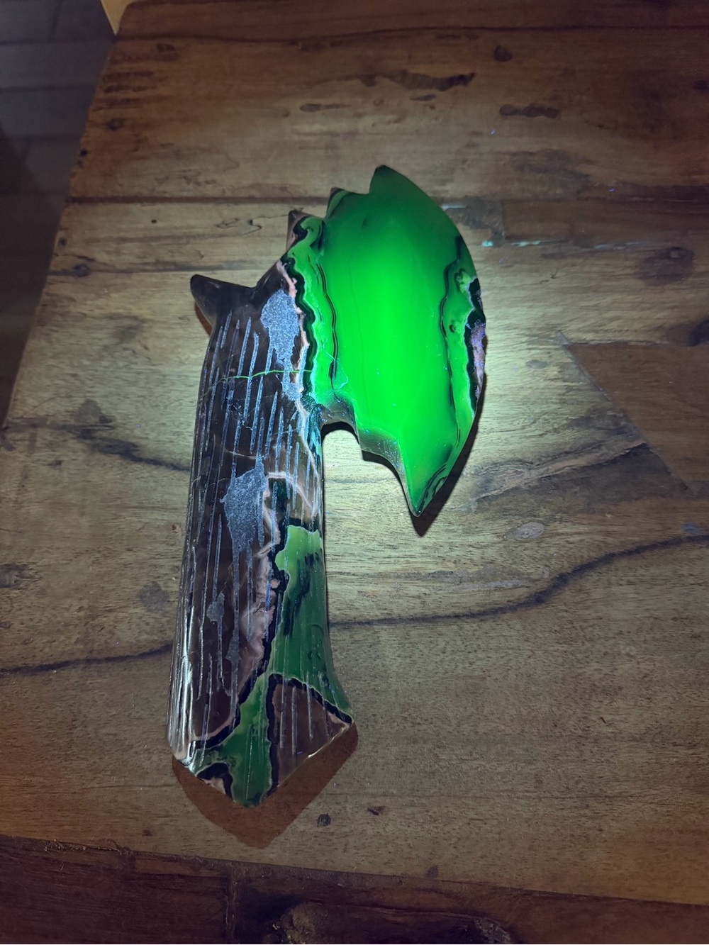 UV Reactive Volcano Agate Crystal Axe, 3 lb Polished Stone Carving